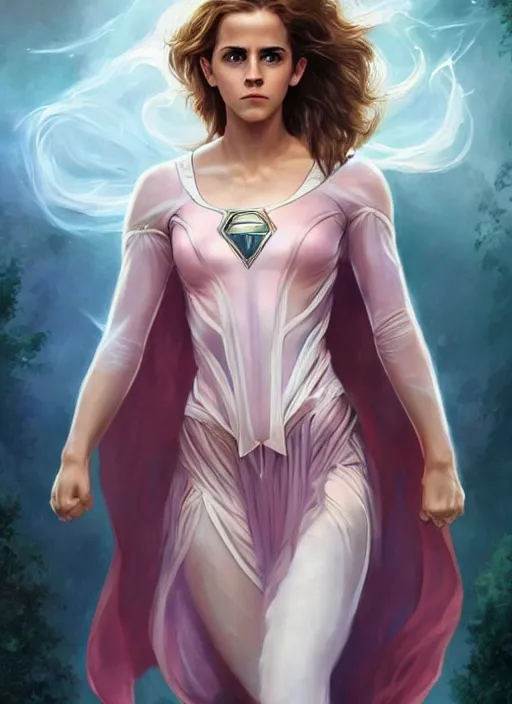 Image similar to emma watson as nature magic celestial, superwoman pose, long hair, soft pink and white transparent cloth, space, D&D, shiny background, intricate, elegant, highly detailed, digital painting, artstation, concept art, smooth, sharp focus, illustration, artgerm, bouguereau