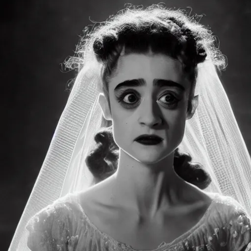 Prompt: natalia dyer as the bride of frankenstein, universal, movie, photography, portrait, beautiful,