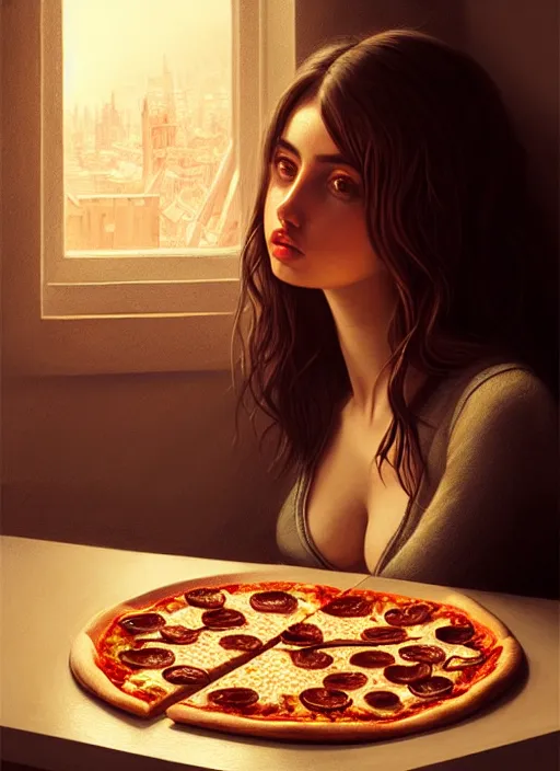 Image similar to portrait of ana de armas eating pizza, intricate, elegant, glowing lights, highly detailed, digital painting, artstation, concept art, smooth, sharp focus, illustration, art by wlop, mars ravelo and greg rutkowski