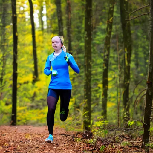 Image similar to a beutiful female orienteer wearing a yellow long - sleeved shirt and black tights runs in the forest, photo, sigma 5 5.