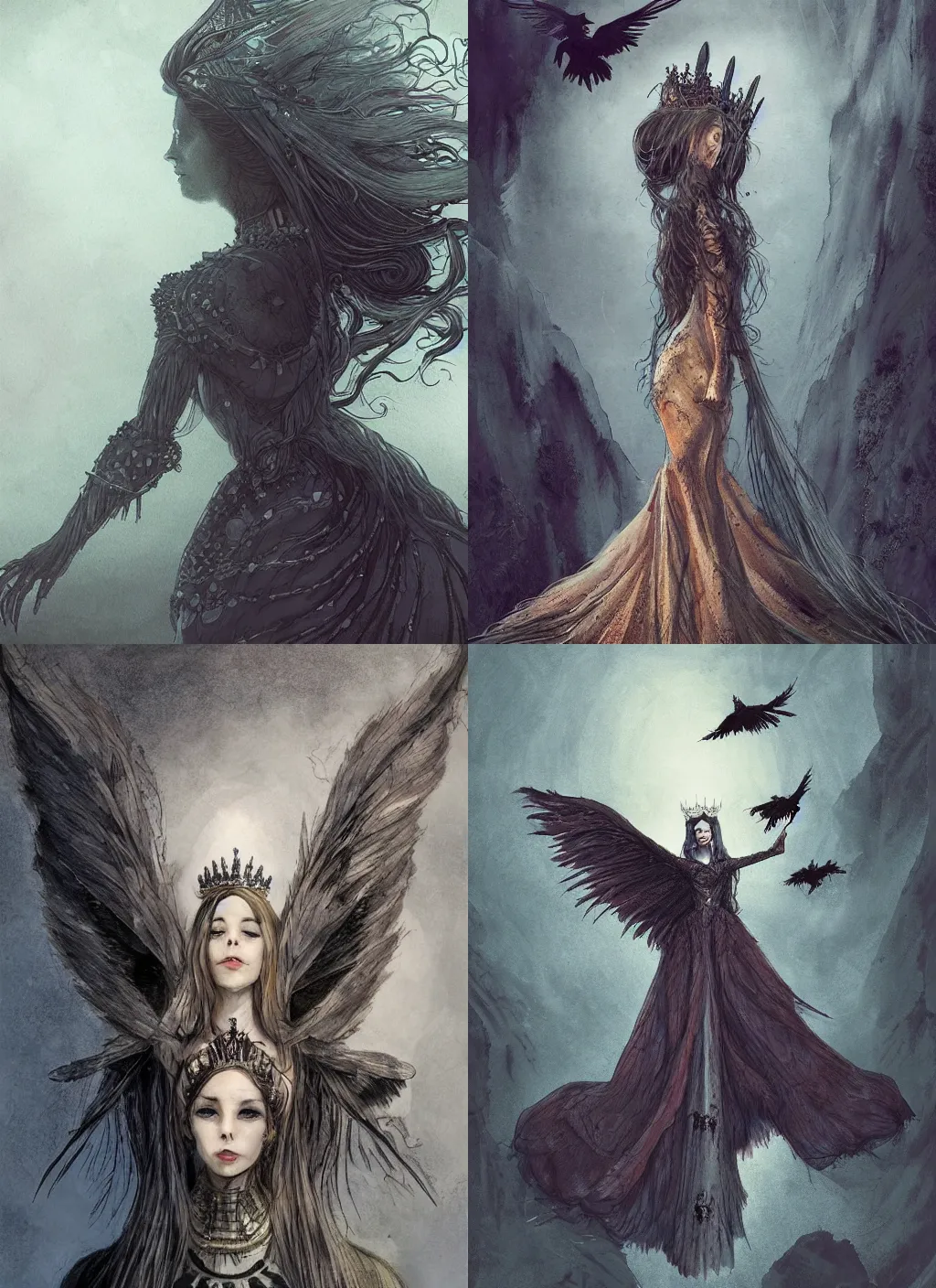 Prompt: full view of a queen with a dress and long hairs and ravens flying above her head in alan lee and marc simonetti and emil melmoth style , cinematic lighting