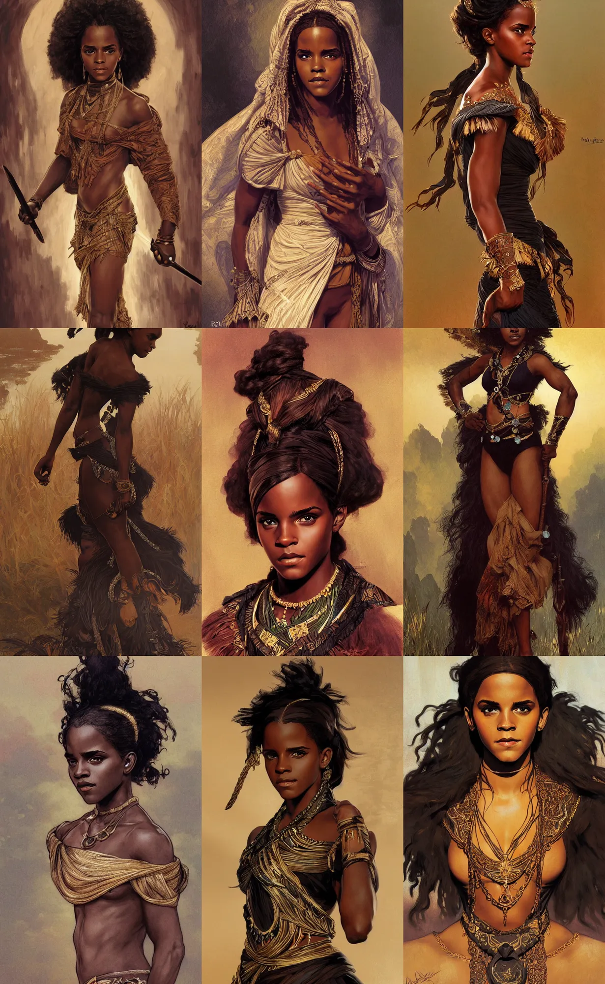 Prompt: black emma watson as zulu, intricate, elegant, highly detailed, digital painting, artstation, concept art, smooth, sharp focus, illustration, art by rutkowski, mucha, orientalism, bouguereau