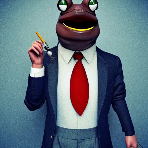 Image similar to a high quality photo of an antropomorphic frog wearing a suit smoking a cigar, 3d scene, render, ultra realistic, artstation, cgsociety