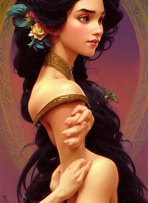 Image similar to portrait of disney esmeralda, intricate, elegant, highly detailed, my rendition, digital painting, artstation, concept art, smooth, sharp focus, illustration, art by artgerm and greg rutkowski and alphonse mucha and uang guangjian and gil elvgren and sachin teng, symmetry!!