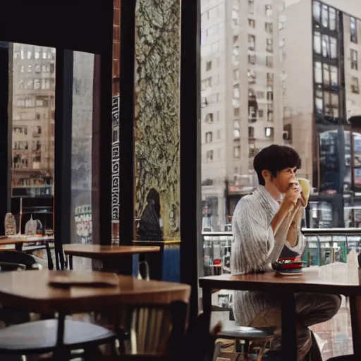 Prompt: a collection of vacation photos of byun baekhyun drinking tea in a cafe in downtown new york, photography, 5 0 mm, kodak film, uhd 8 k, stylistic blur