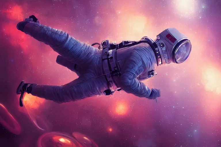 Image similar to ultra realistic digital painting of an astronaut floating in space, by greg rutkowski and artgerm, detailed, intricate, sharp focus, symmetry, sci - fi, fantasy, neon lights, galaxies, stars, space, realism, artstation, cinematic lighting, portrait, trippy, psychedelic art