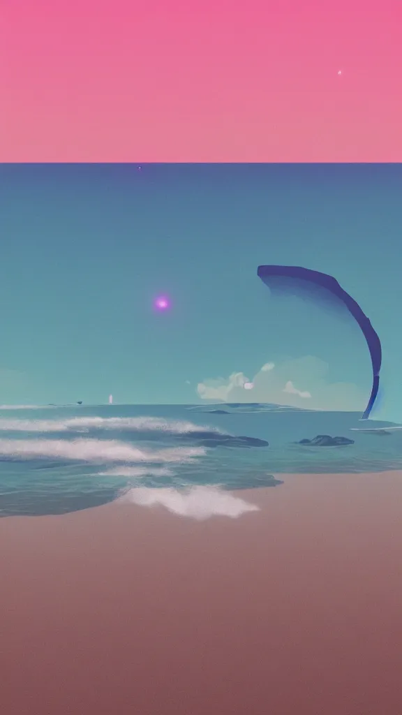 Prompt: beach horizon view of the ocean on an alien planet, vaporwave ocean, planet in space over the horizon, trending on artstation, digital art by beeple