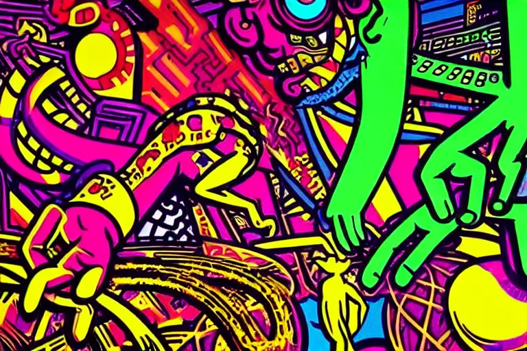 Image similar to pop art of a giant cyberpunk demon god, bright neon colors, intricate details, complementary colors, detailed face, backlighting, octane render, depth of field, extremely detailed, trending in artstation, focus on face, sharp focus, radiant light, beautiful composition, drawn by roy lichtenstein, keith haring, romero britto