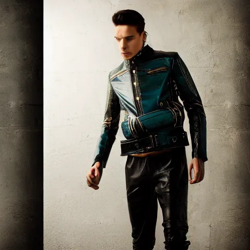 Image similar to an award - winning editorial photo of a male model wearing a baggy teal distressed designer medieval cropped leather menswear jacket by alexander mcqueen, 4 k, studio lighting