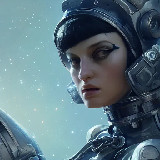 Image similar to space girl, 8 k uhd, unreal engine, reflected chrome, octane render in the artstyle of greg rutkowski tom bagshaw, unreal engine 5, highly detailed face, true anatomy!, extremely detailed!, fishnets, dystopian, details visible, octane render