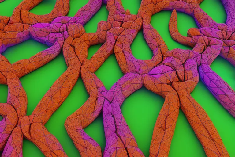 Prompt: a 3 d render of a dmt trio depicting fat rolling interleaved rolls of multicoloured plasticine forming fractal lattices enclosed by a crystalline dome. dmt, machine elves, 8 k, octane render