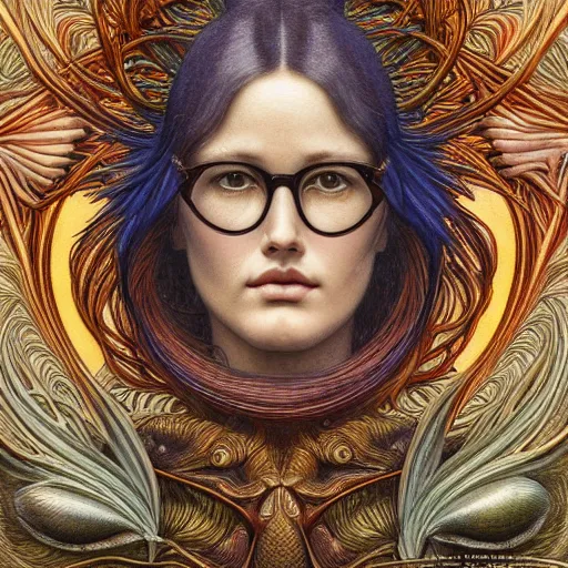 Image similar to detailed colorful realistic beautiful megane fox face portrait by jean delville, gustave dore, iris van herpen and marco mazzoni, art forms of nature by ernst haeckel, art nouveau, symbolist, visionary, gothic, neo - gothic, pre - raphaelite, intricate alien botanicals, ai biodiversity, surreality, hyperdetailed ultrasharp octane render