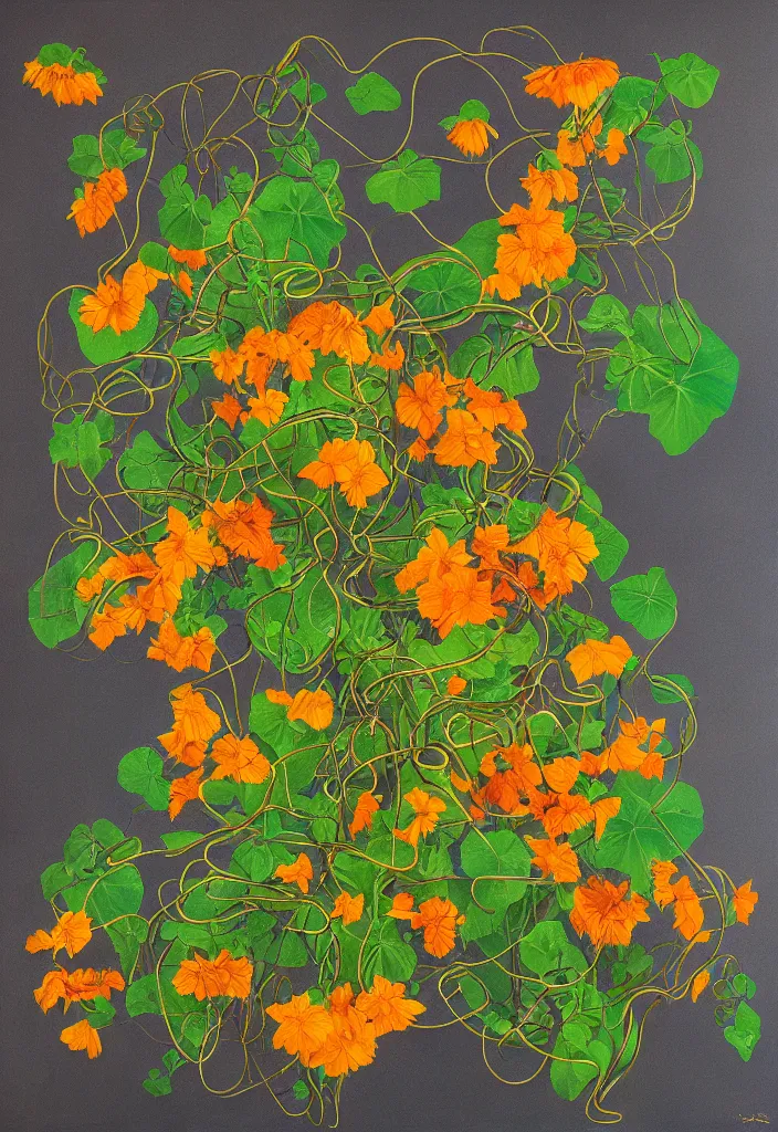 Image similar to award winning surrealist artwork about entangled sunflowers and falling nasturtiums with vines