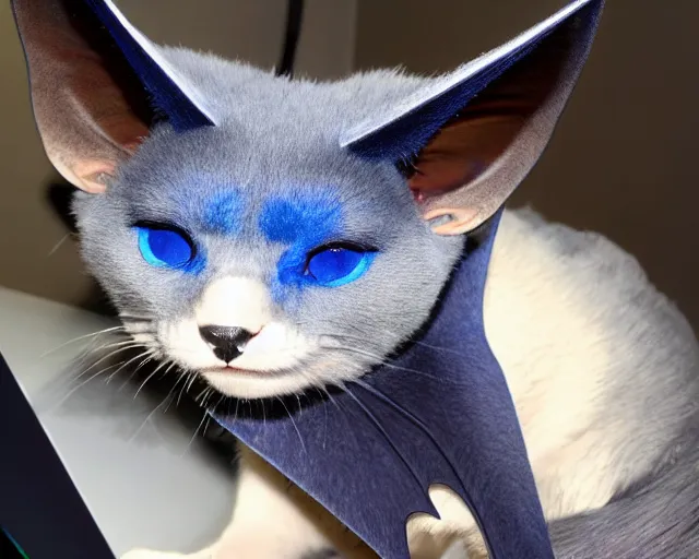 Image similar to a blue - and - black male blue / green heterochromatic catbat fursona with blue / green heterochromatic eyes ( one eye green ) and huge bat ears, photo of the catbat streaming on his computer