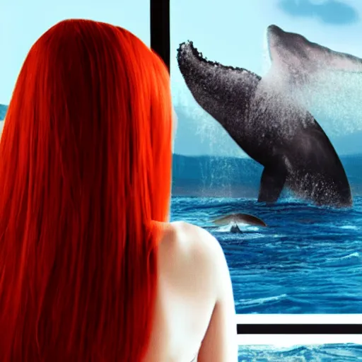 Image similar to a hyper realistic image of a very beautiful red haired girl standing near a window, she is facing the camera, a humpback is flying in the sky