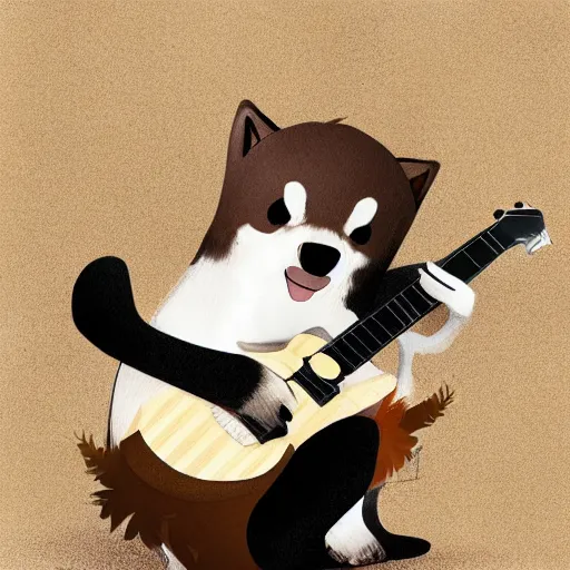 Prompt: masculine shiba inu man, anthropomorphic, Anthro, furry, plays guitar, Artstation