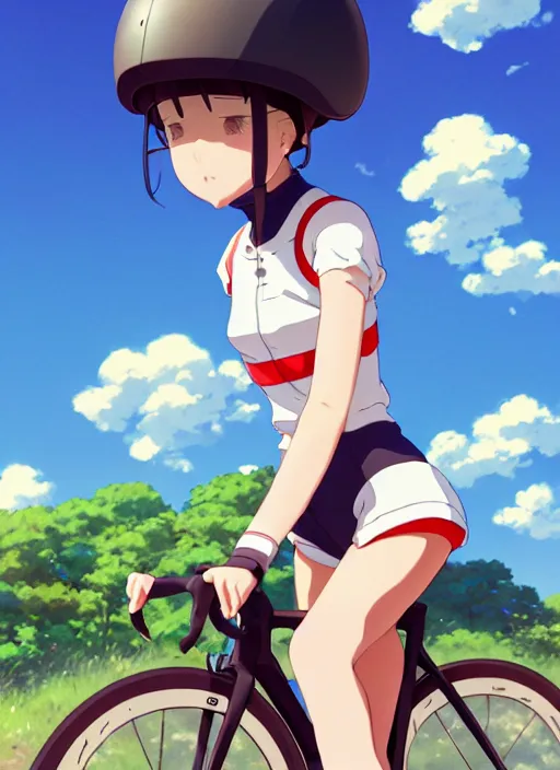 Image similar to portrait of cute girl riding road bike, sunny sky background, lush landscape, illustration concept art anime key visual trending pixiv fanbox by wlop and greg rutkowski and makoto shinkai and studio ghibli and kyoto animation, symmetrical facial features, sports clothing, road bike helmet, red cycling suit, backlit, aerodynamic frame, zwift