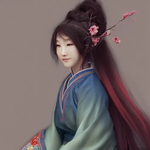 Image similar to a lovely girl in hanfu, by ruan jia, by yun ling, happy expression, smile, unreal engine, 3 d render, 8 k, closeup, smooth, trending on artstation, digital illustration, black hair