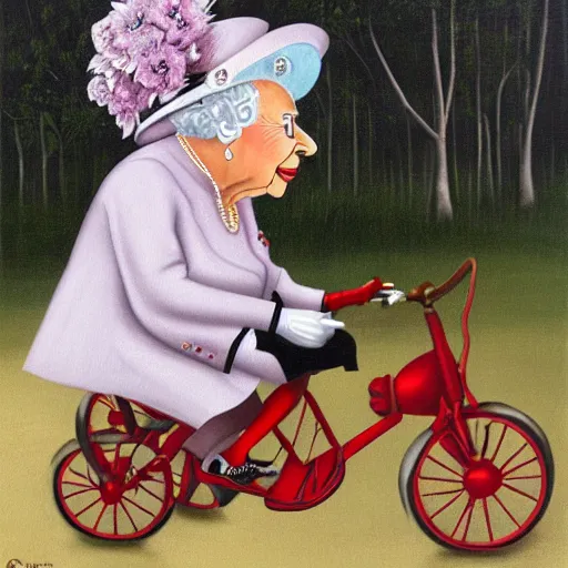 Prompt: Queen Elizabeth II on a tricycle, lowbrow painting by Mark Ryden