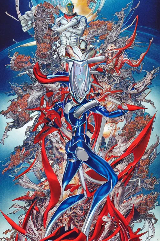 Image similar to ultraman, by yoichi hatakenaka, masamune shirow, josan gonzales and dan mumford, ayami kojima, takato yamamoto, barclay shaw, karol bak, yukito kishiro