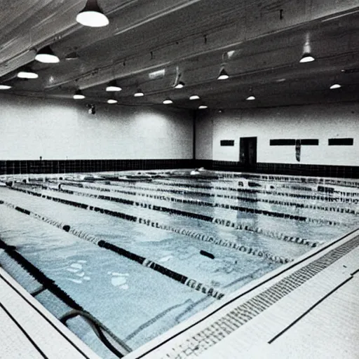 Image similar to A photograph of a YMCA swimming pool, poor quality, nostalgic, liminal space