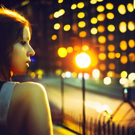 Image similar to photograph of a beautiful young woman in a city at night with bokeh, lens flare, out of focus light sources