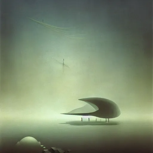 Prompt: arm reaching out of thick fog, round buildings in background, smooth architecture, organic, sophisticated, organic aircraft flying in sky, zdzislaw beksinski, architecture of frank lloyd wright, zaha hadid, norman foster