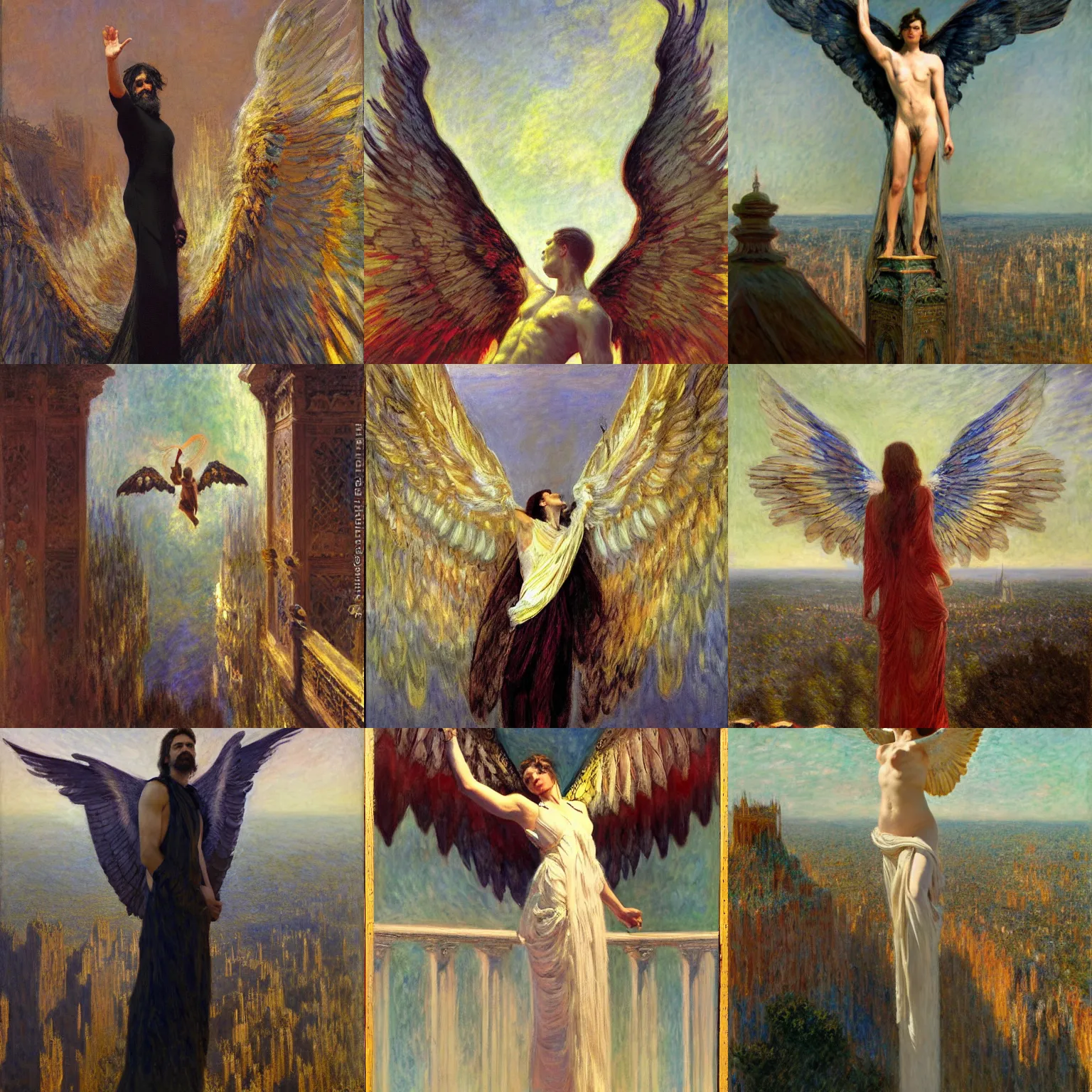 Prompt: lucifer standing on an amazingly beautiful balcony with spread wings waving his hands at the crowd below, smooth, sharp focus, by jeremy lipkin, john berkey, claude monet, dino valls