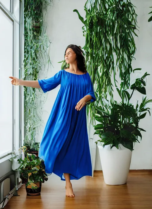 Image similar to woman dancing in a marine blue summer dress, fashion magazine, indoor plants in the background, elegant, photorealistic camera shot, studio lighting, crisp quality and light reflections