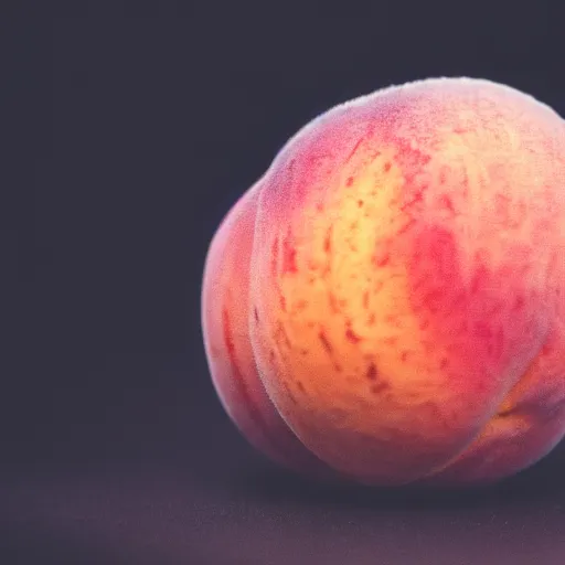 Image similar to a macro photo of a round peach's dry hairy skin, hyper realistic, hyper detailed, 35mm, very grainy film, pink volumetric studio lighting, bokeh, black background award winning shot, vogue magazine, cinematic, 8k, very closeup, elegant, tender, pastel