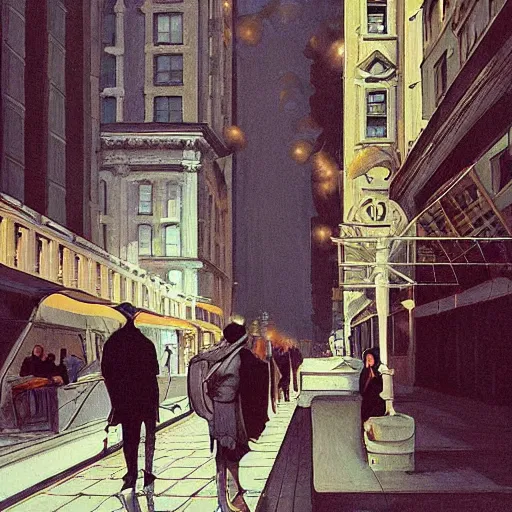 Prompt: detailed painting of vintage newyork, old cmputers on the sidewalk, celestial ephemeral ornaments and greek architecture, artstation, joshua middleton, caravaggio, norm rockwell, cinematic