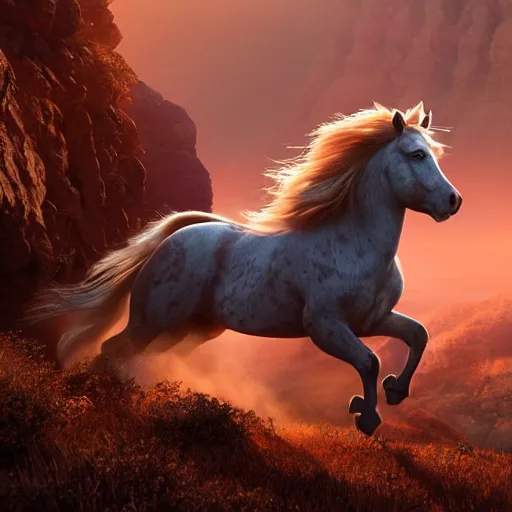 Prompt: spirit, the wild horse from the spirit movie, with the young girl lucky on his back galloping next to a canyon into the sunset, movie poster, intricate detail, 8 k, trending on artstation, octane render