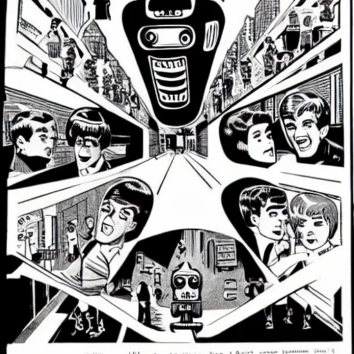 Image similar to in the style of 1960s, A scary robot is chasing after a bunch of scared adults with fully detailed faces, down the street, fully detailed , faces in focus
