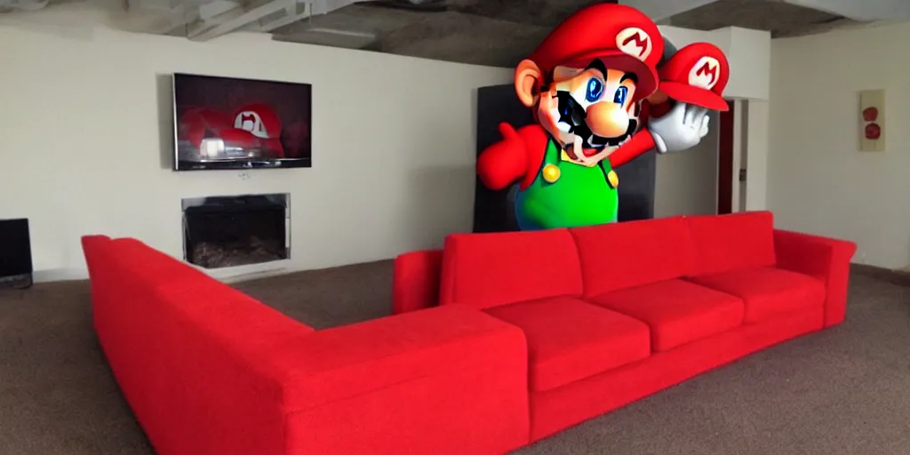 Prompt: Super Mario-shaped red couch