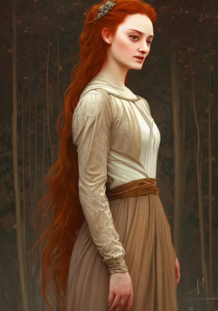 Image similar to portrait of sansa stark in foggy forest, autumn, november, intricate, elegant, highly detailed, digital painting, artstation, concept art, smooth, sharp focus, illustration, art by artgerm and greg rutkowski and alphonse mucha and william - adolphe bouguereau