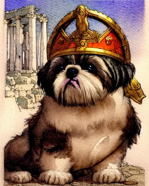 Prompt: a realistic and atmospheric watercolour fantasy character concept art portrait of a fat adorable chibi shih tzu puppy roman centurion in a roman temple, by rebecca guay, michael kaluta, charles vess and jean moebius giraud