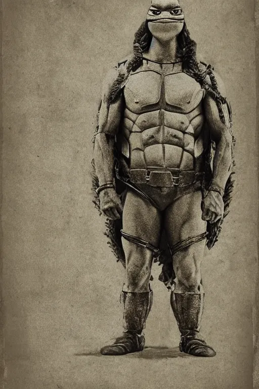 Prompt: leonardo from teenage mutant ninja turtles, portrait, full body, symmetrical features, silver iodide, 1 8 8 0 photograph, sepia tone, aged paper, sergio leone, master prime lenses, cinematic