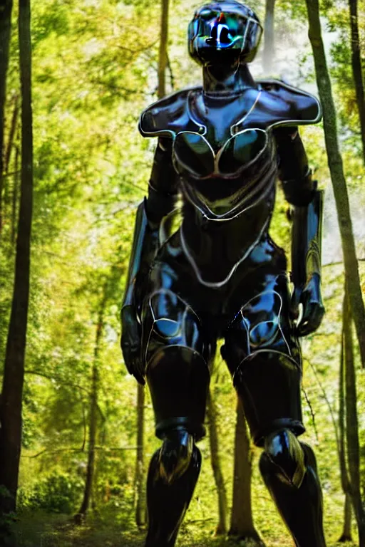 Image similar to hyperrealistic mithra goregous black woman exoskeleton armor in a forest sun behind her concept art eric zener elson peter cinematic side soft yellow light low angle hd 8k sharp shallow depth of field