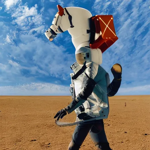 Image similar to astronaut with leg horse on his head