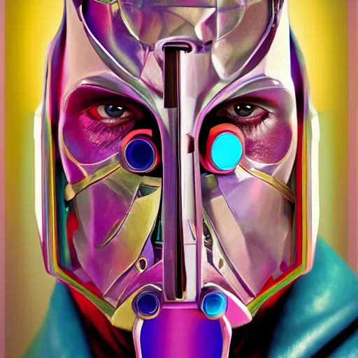 Image similar to photorealistic portrait doctor doom, vogue photography, colourful, depth of field