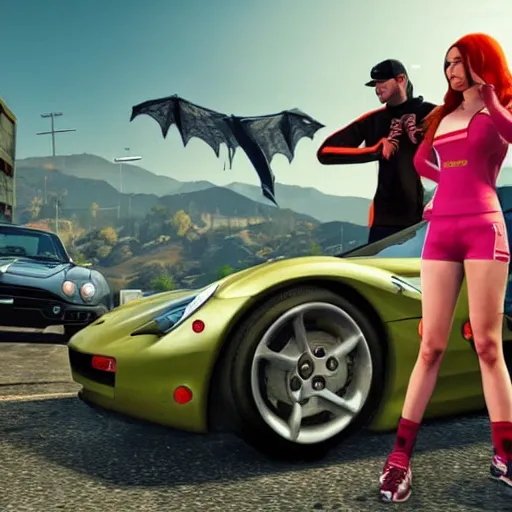 Image similar to A GTA 5 game loading screen featuring A Pterodactyl, La Llorona, a redhead Waifu, CHAPPIE in an Adidas track suit, and a TVR Sagaris