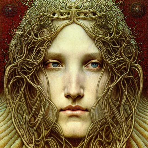 Prompt: detailed realistic beautiful young medieval queen face portrait by jean delville, gustave dore, zdzisław beksinski and marco mazzoni, art nouveau, symbolist, visionary, gothic, pre - raphaelite, art forms of nature by ernst haeckel, memento mori