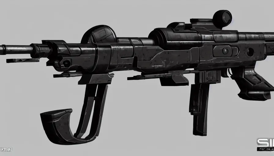 Prompt: extremely detailed realistic side view of a sci fi light machine gun, detailed trigger, chemically propelled, pattery powered, smooth streamline, battery and wires, railgun, tribarrel, gauss, elegant sleek smooth body, white paint, smooth utopian design, ultra high quality, minimalist, octane, cod, destiny, warframe, terminator