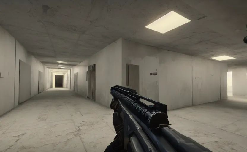 Image similar to in - game screenshot of a first person shooter on unreal engine 5, narrow modern hallways of a secret government facility, white dry wall, photorealistic, retrofuturism