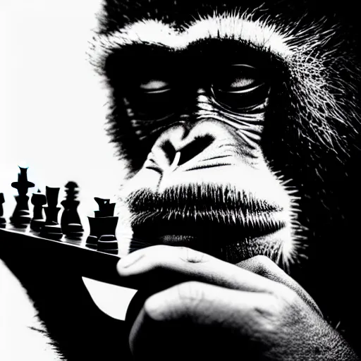 Image similar to black and white portrait photo of a monkey eating a chess piece by annie liebovitz,