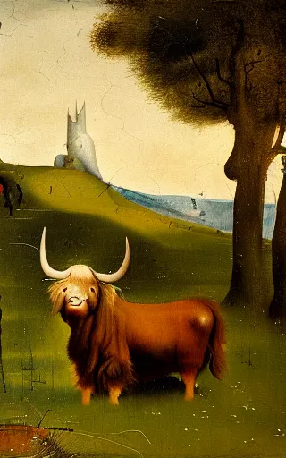 Prompt: oil painting by hieronymous bosch of a highland cow in a meadow at dawn.