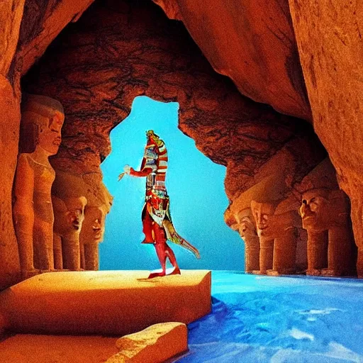 Prompt: a man slides in an ancient cave, egyptian style, when on the horizon it seems that he is about to fall into the abyss, but in front of him an egyptian figure appears, painted all in orange, she is very similar to nefertiti, she has no expression on her face, she is a divine being