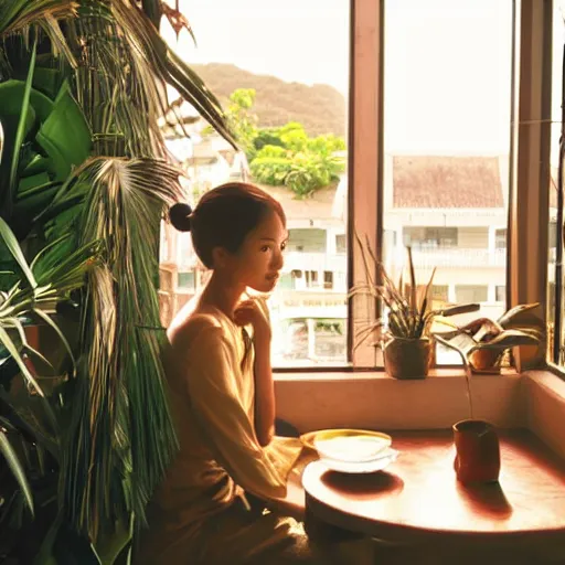 Prompt: a thin, pretty young Filipino woman sits near the window of a cute seaside Cafe with an espresso, golden morning light, cozy, tropical plants, still from Spirited Away