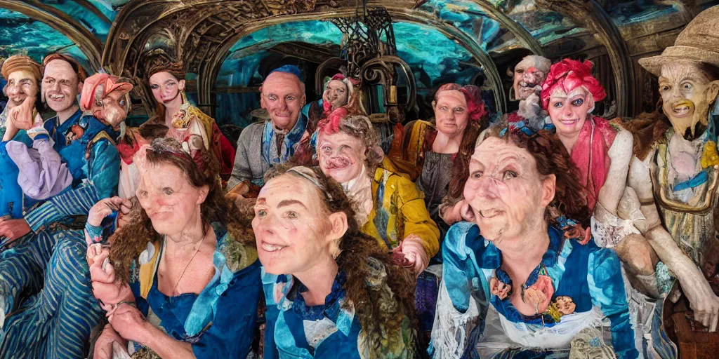 Prompt: detailed colour photograph group portrait of amazingly characterful people sat down extreme closeup, in the inside of the beautiful underwater train to atlantis, realistic and lifelike expressions, crowds of people sat down wearing odd clothes