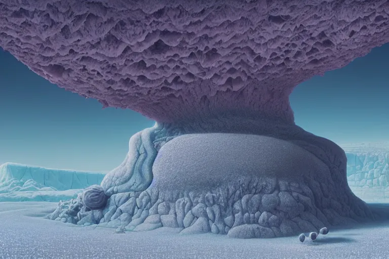 Prompt: a hd render of a surreal frozen landscape, by beeple and zdzisław beksinski and salvador dali